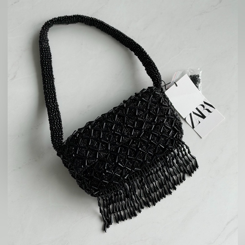 Zara Elegant Black Beaded Shoulder Bag